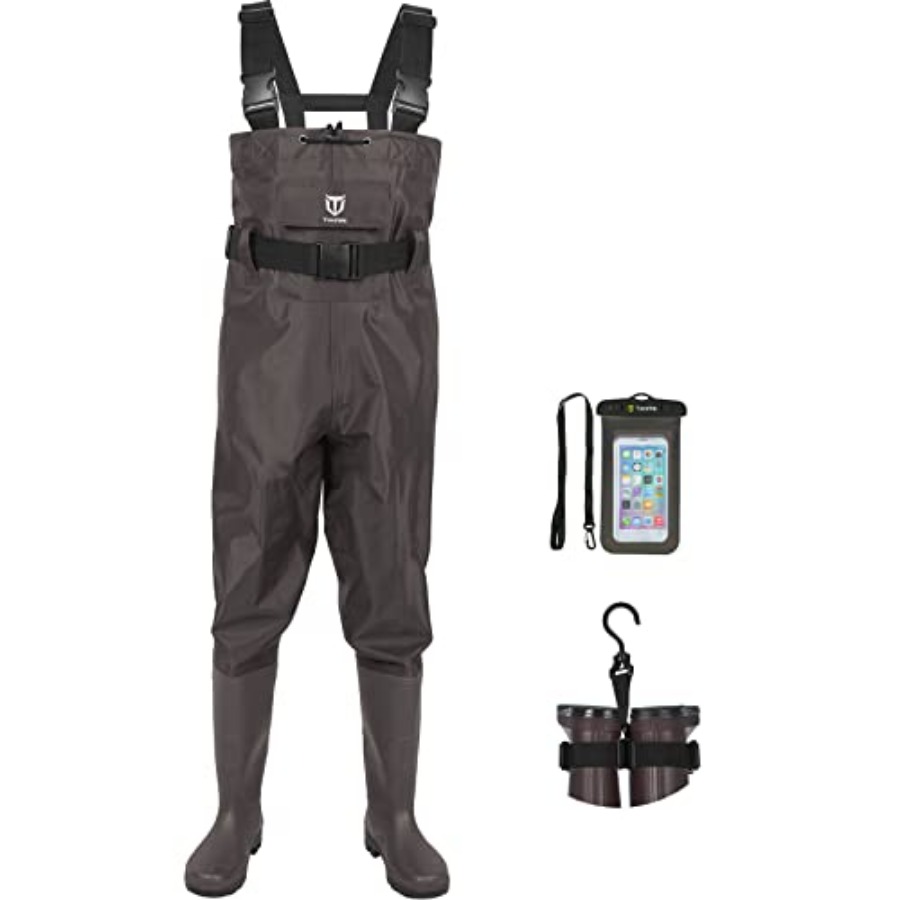 Fishing Waders - ブーツフットチェストウェーダー、2層ナイロン/PVC防水フィッシングハンティングウェーダー（ブーツハンガー付き）、男女兼用、グリーンブラウン