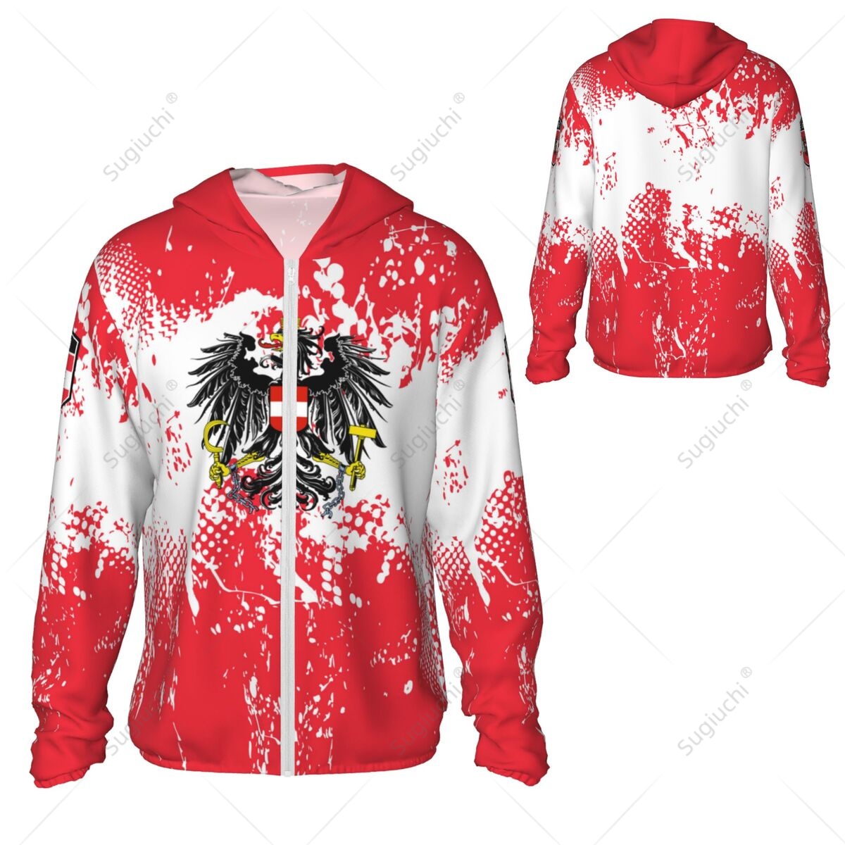Fishing Hoodie - オーストリア国旗日焼け止めパーカー日焼け止め服釣りサイクリングランニング速乾性長袖ジッパー付きポリエステル