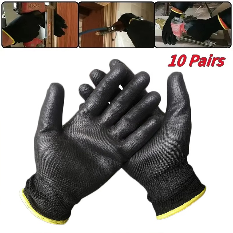 Fishing Gloves - 10 ペアの耐久性のある PU コーティング耐摩耗性安全手袋、建設業者、釣り、庭仕事用、滑り止め ESD 保護安全手袋