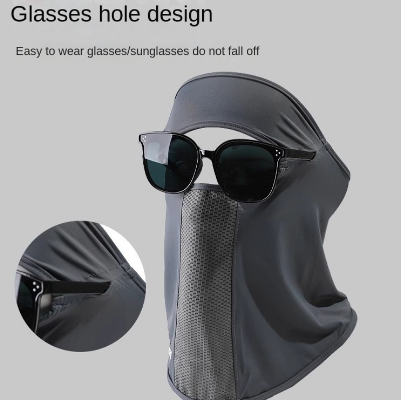 Fishing Mask Sun Protection - 夏用アイスシルクマスク UVカット日焼け止め ネックガード メガネ穴付きフェイスベール ハイキング、サイクリング、釣り用冷却フルフェイスカバー
