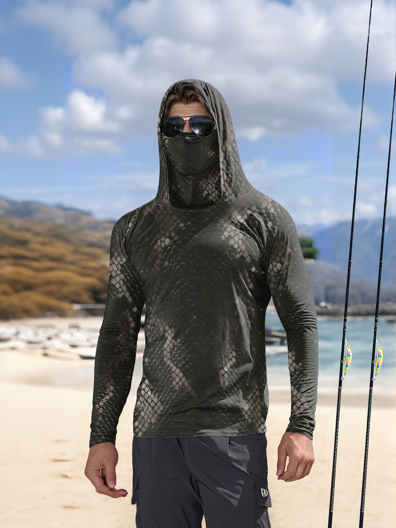 メンズフィッシングフード付き長袖迷彩柄日焼け止め通気性UVカ - Fishing Shirt Uv Protection のレビューと価格