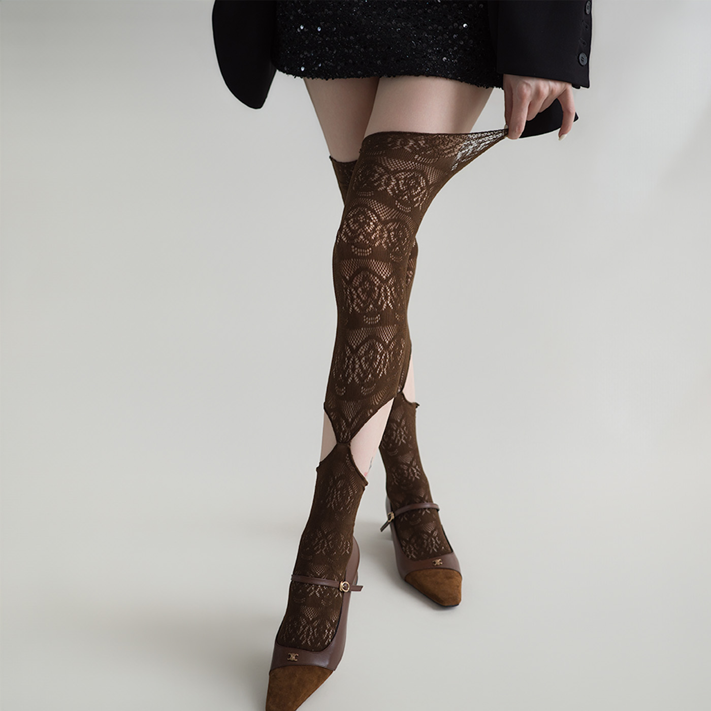 女性のレース中空オーバーニーストッキングセクシーな甘い花スタ - Fishing Socks のレビューと価格